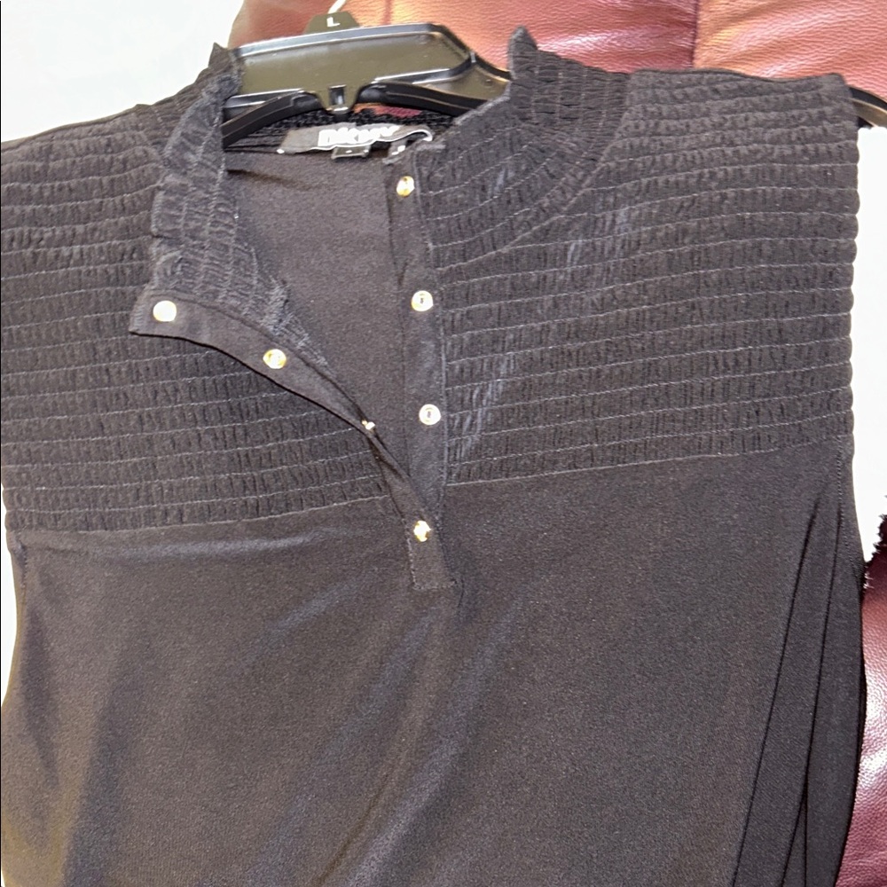 DKNY Black Smocked Blouse with snap buttons NWT- Size Large